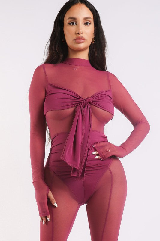 Front tie all mesh jumpsuit