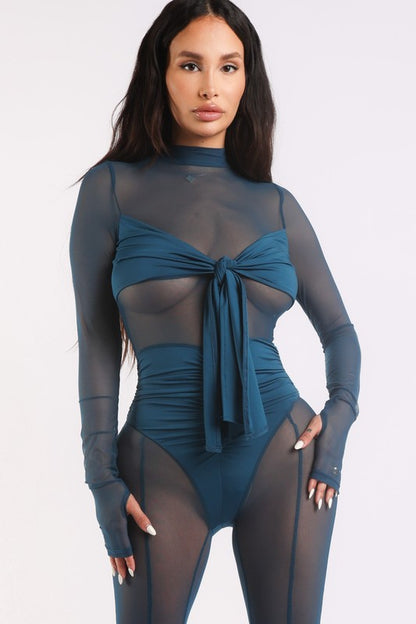 Front tie all mesh jumpsuit